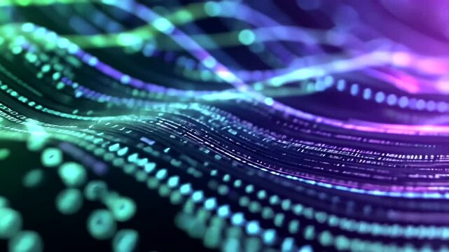 Abstract tech art flowing neon light lines & binary code creating depth, movement