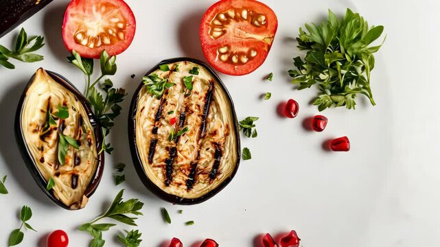 Grilled eggplant and fresh herbs presentation with vibrant tomato slices and artisan layout