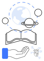 Open book below planetary orbit with Earth, Saturn, and circles. Outstretched hand and heart diagram highlight themes of knowledge, learning, science, and curiosity. Ideal for education, exploration