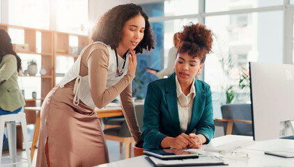 Business, mentor and training woman with tablet for financial question, account system process or investment advice. Finance intern, teamwork and feedback for proposal report, sales solution and help