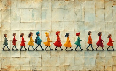 Cartoon Group of Migrating People Walking Away from Poverty and War