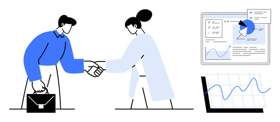 Two professionals shaking hands, accompanied by profile tracking, data graphs, and performance analytics. Ideal for collaboration, partnerships, business, teamwork, analytics communication