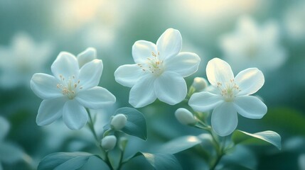 Obraz premium Three delicate white flowers in soft focus, bathed in gentle light. The image evokes serenity and peace.