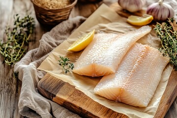 Raw Salmon Fillets with Herbs and Spices on Wooden Board