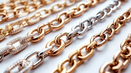 Obraz premium Gold Chain Collection with Unique Link Designs Isolated on White Background 3D Illustration