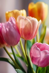 Close-Up of Colorful Tulips in Soft Light