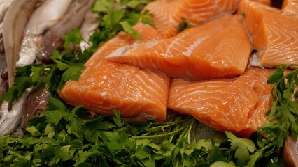 Fresh Salmon Fillets and Other Fish Lying on Bed of Parsley