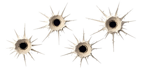 various bullet holes and drill holes isolated on transparent background