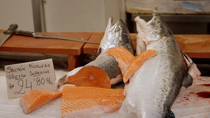 Fresh salmon lying on ice at the fish market