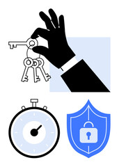 Hand holding keys stopwatch and shield with a lock. Ideal for representing security, time management, privacy, safety, efficiency, key access, and protection. Line metaphor