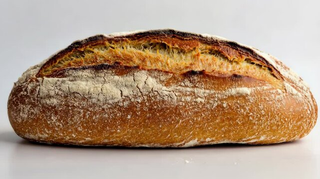 Close up of crusty rustic sourdough bread loaf with golden brown, textured surface and white flour dusting isolated on bright neutral background.