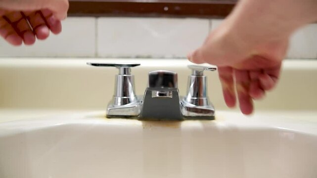 Water supply suspended, two hands trying to wash their hands using the metal faucet on a bathroom sink, a topic of hygiene and water consumption