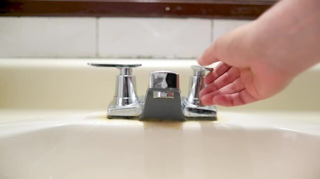 Hand uses the metal faucet on the bathroom sink, which has run out of water, water usage and lack of supply