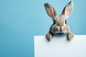 Obraz premium Critter holding message. Wild thing mockup pose. Isolated baby animal on a solid uniform blue background. Cute baby animal rabbit hold in front paws a layout - large white zoo sign.