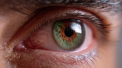 Close-up of a person's green eye with detailed iris and eyelashes.