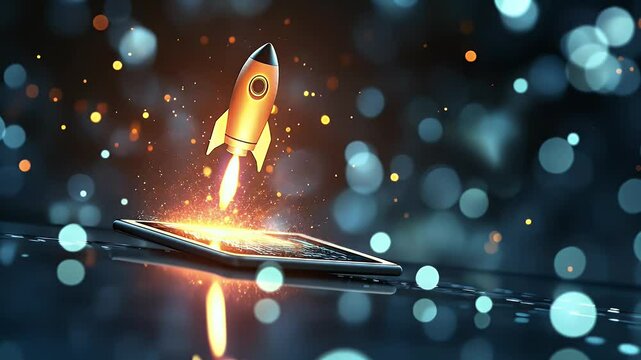 Pixelated Rocket Launching From Digital Tablet Against Abstract Background With Bokeh Lights and Orange Flare