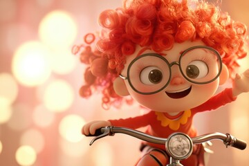 A lively girl with cherry-red hair smiling, standing by a bicycle outdoors on a sunny day.