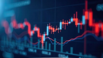 Vivid candlestick charts display market fluctuations capturing trading activity at dusk. The blend of red and green bars illustrates buying and selling momentum throughout the day.