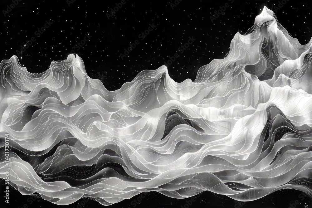 Poster waves of abstract lines intertwine in a captivating grayscale design presenting a modern interpretat
