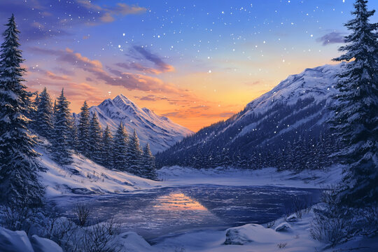 A charming winter landscape with snow-capped mountains and pine forests