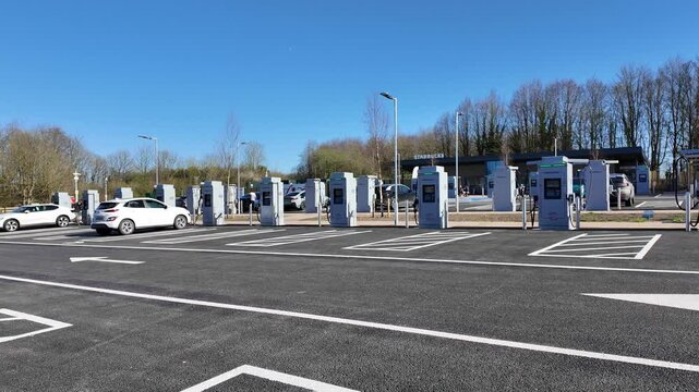 Winchester Hampshire England UK. 09.04.2025. Video.  EV Chaarging station newly opened and largest in the United  Kingdom off the A34 road.