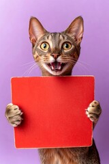Obraz premium Mascot for ad mockup. Isolated cat on a solid apparel purple background. Ð¡ute adult cat oriental shorthair hold in front paws a layout - large red drive sign. Promo scene with pet.