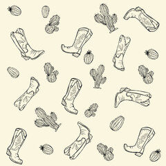 Pattern, cactuses and cowboy boots on a beige background