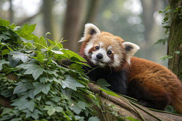 Fototapeta premium Red Panda Resting on Branch, Lush Green Foliage