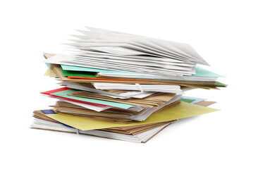 Stack of different paper envelopes on white background. Post office
