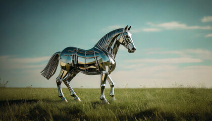 Fototapeta premium A stunning metal horse in an atmospheric setting, blending industrial design with artistic elegance. Ideal for modern art, sculpture, and metalwork enthusiasts looking for unique and striking visuals.