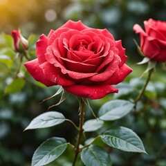 Stunning Red Rose in Bloom: Dew Drops & Lush Foliage
