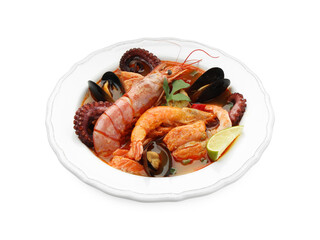 Delicious seafood soup in bowl isolated on white