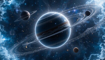 Obraz premium Glowing Blue Planet with Rings in a Dark Space