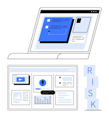 Open laptop with data analysis interface, charts, and diagrams combined with stacked blocks spelling RISK. Ideal for analytics, risk management, data monitoring, business insights, strategy