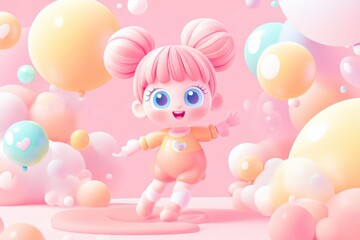 A vibrant image featuring a cheerful girl with cotton-candy pink twin buns bouncing joyfully.