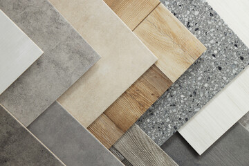 Many different samples of tiles as background, top view