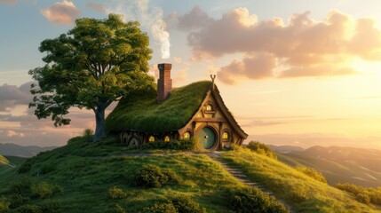 A cozy hobbit house nestled under a sprawling oak tree, with smoke curling from its chimney, bathed in the warm glow of the setting sun. 