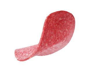 Slice of tasty smoked sausage isolated on white