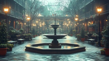 Mysterious Old Courtyard with Fountain and Lanterns
