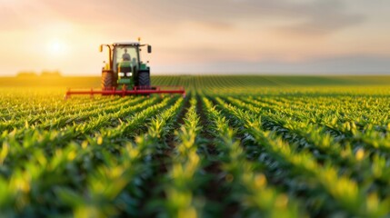 A photorealistic image of a farming robot harvesting crops in a vast agricultural field, optimizing efficiency and yield. 