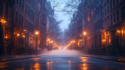 Misty Evening Street with Vintage Buildings and Warm Street Lights in Winter