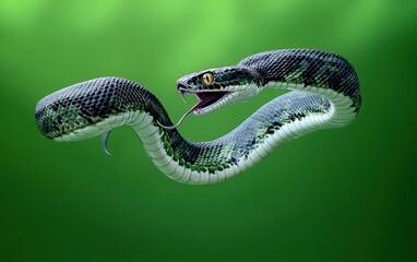 Naklejka premium King Cobra Snake 3D Illustration Black Scary Venomous Reptile Isolated Mid-Air Strike on Green Background