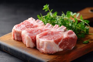 Fototapeta premium Fresh Pork Chops on Wooden Board - Raw Meat Detail