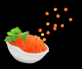 Red caviar falling into bowl on black background. Salmon roe
