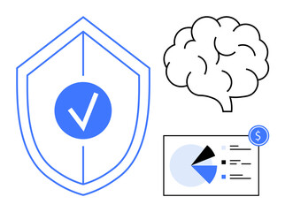 Shield with checkmark symbolizing security, brain representing intelligence, and a data chart with a dollar icon. Ideal for cybersecurity, brainpower, data analysis, finance, decision-making
