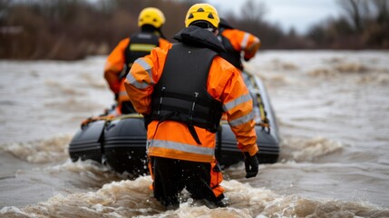 Swiftwater rescue team members navigate a flooded river in a specialized boat