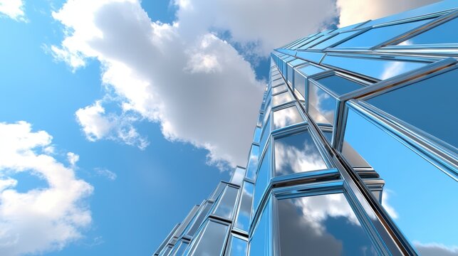 A futuristic high-rise building with an asymmetrical design, made of reflective glass and metal, symbolizing innovation and modernity.