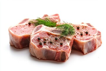 Fototapeta premium raw pork chops seasoned with peppercorns dill high-key lighting minimalistic composition