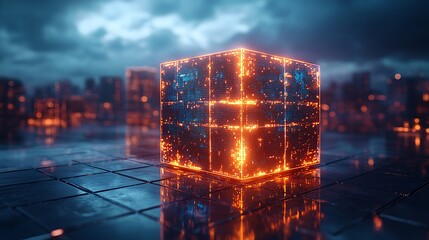 Futuristic Glowing Cube in Cyberpunk Cityscape at Night with Neon Lights