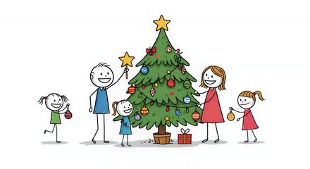 Fototapeta premium Stick Figure Family Decorating Christmas Tree on White Background